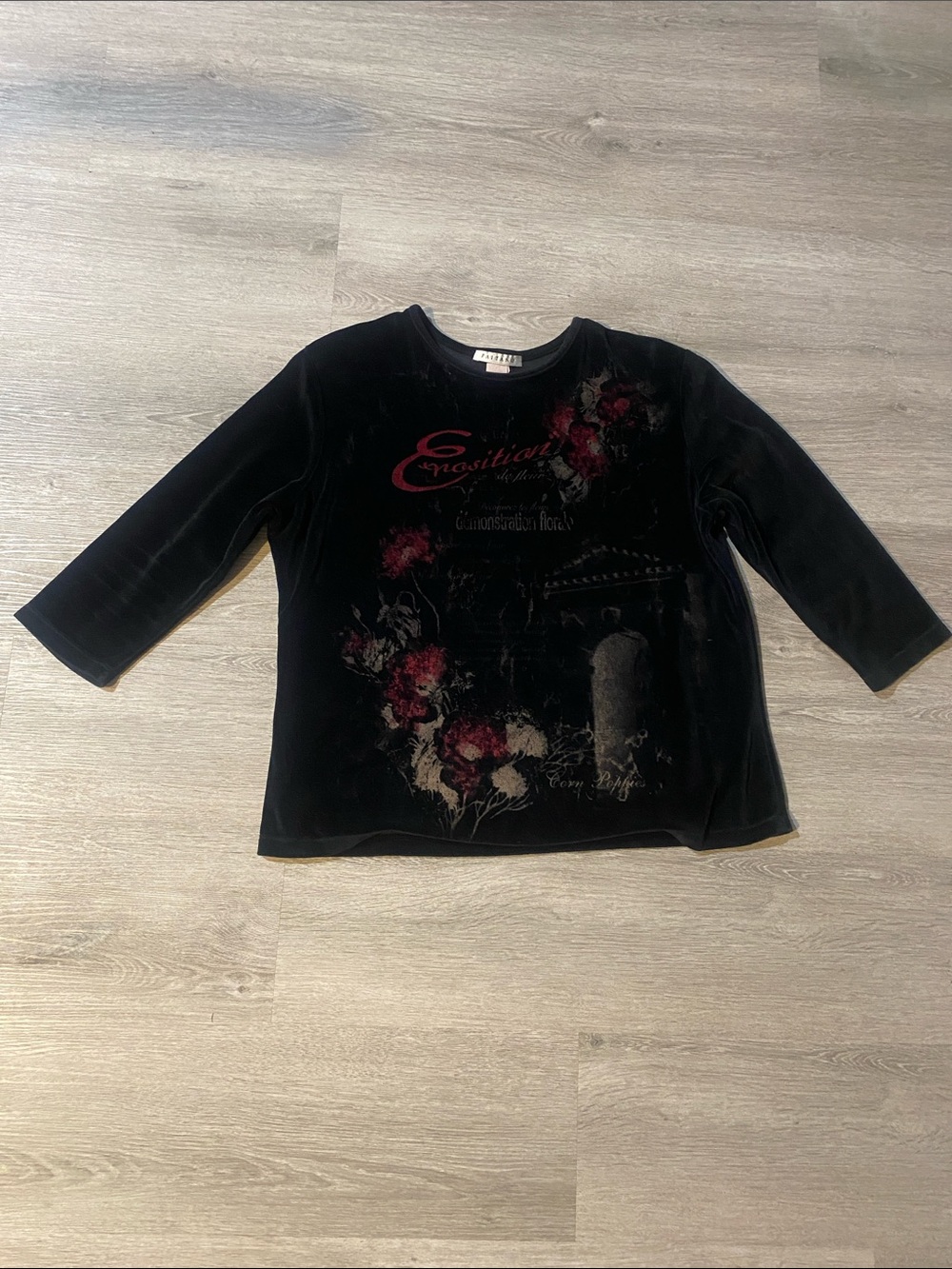 Velvet Floral Graphic Long-Sleeve Tee - Black with Burgundy Accents